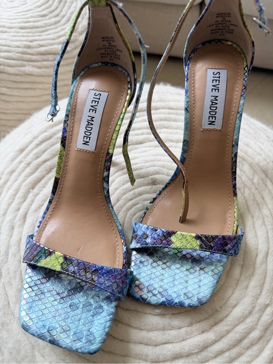 Steve Madden Shoes - Steve Madden Blue, Purple & Lime Snake-Print Strappy Heels